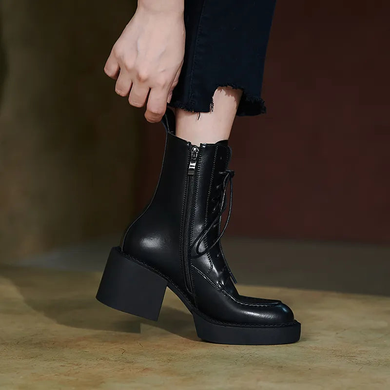 Women Shoes Genuine Leather Women Boots Platform Chunky Boots, Solid Real Leather with High Heel KilyClothing