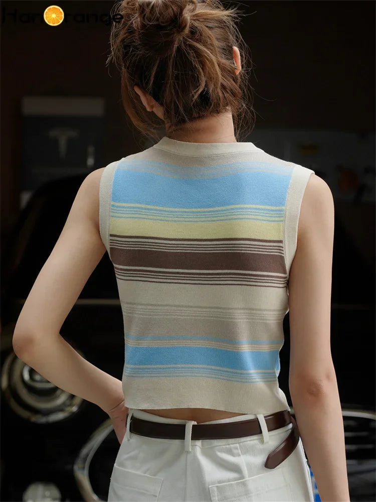 Spring Strecth Stripe Racerback Tank Women Slim Fit Comfortable Folding Short Top