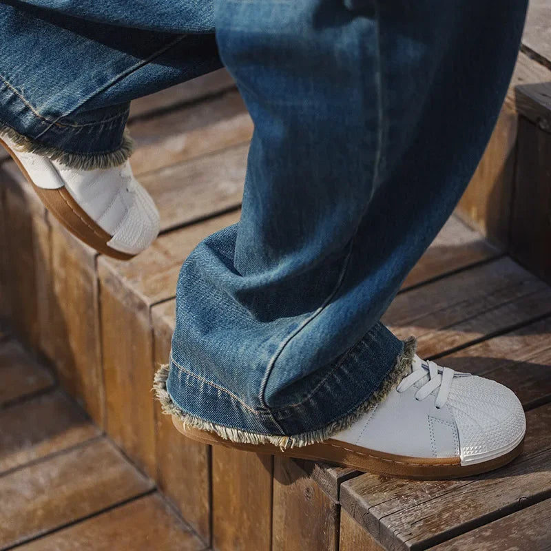 Men's Shell Vintage Shoes Microfiber Leather Embroidery Low-top White Flat Heel Board Shoes Fashion Casual Shoes