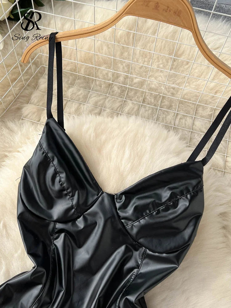 Sexy PU Leather Camis Bodysuits Women French Style V Neck Straps Sheath Rompers