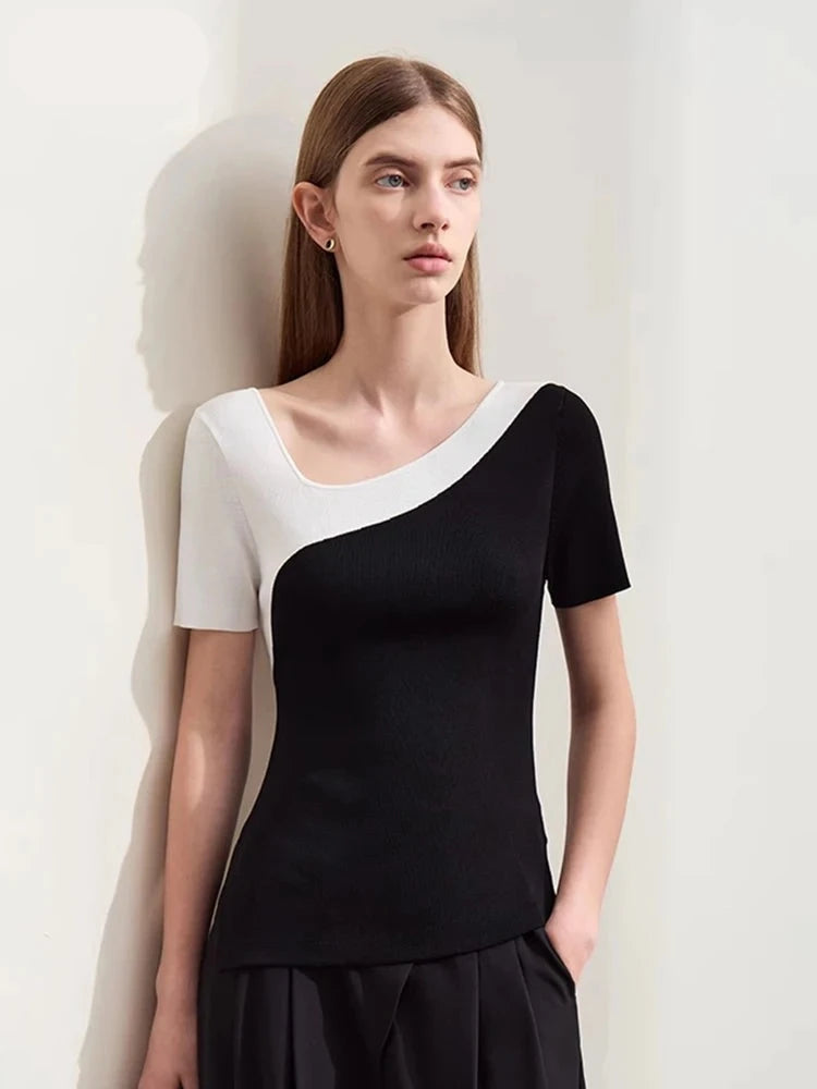 Minimalism Woolen Knit Sweater For Women, Asymmetric V-neck Patchwork Short-sleeve