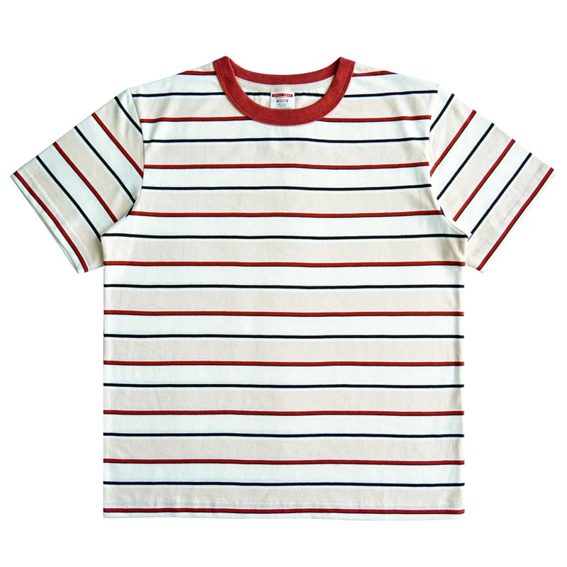 Sauce Zhan Tops & Tees T Shirts for Man Summer Short Sleeve Stripe T-shirt Double-woven fabric O-neck Vintage 230g KilyClothing