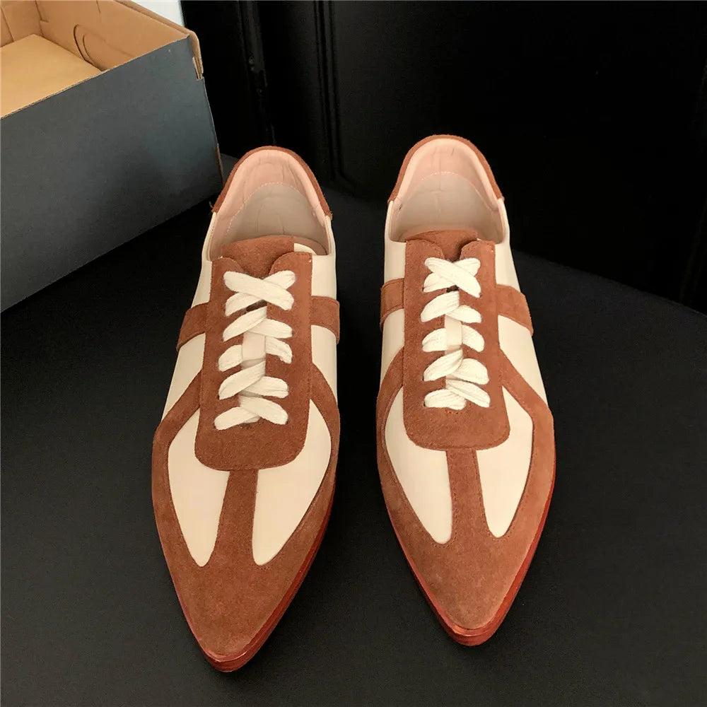 MILI-MIYA Classic Brand Style Women Kid Suede&Cow Leather Splicing Flats Pointed Toe Lace Up Mixed Color Casual Street Shoes KilyClothing
