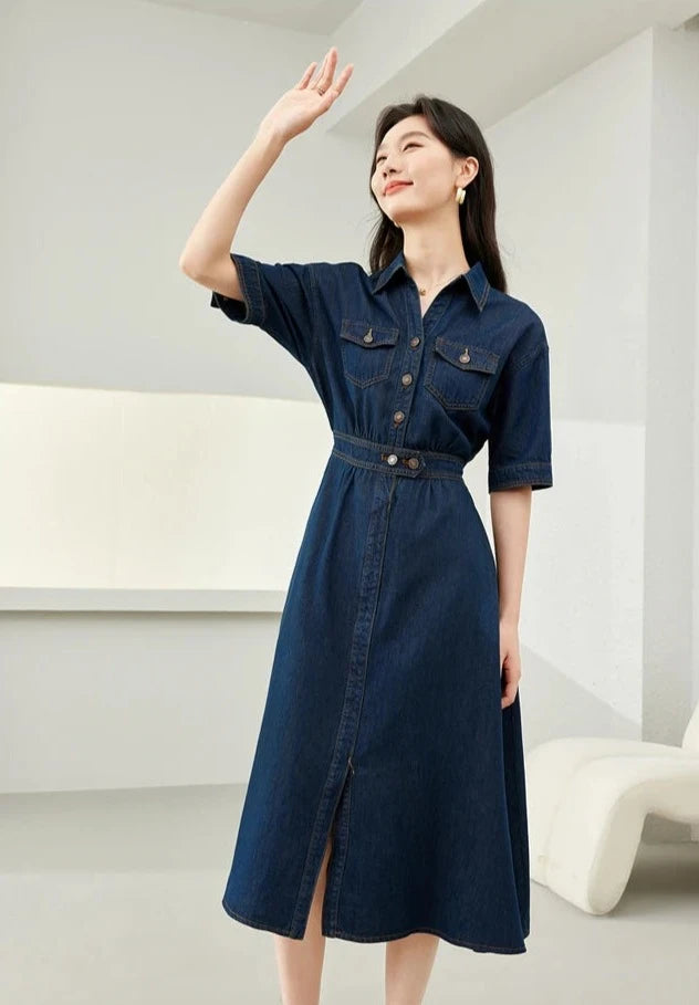 Short Sleeve Cotton Denim Shirt Dress, Single Breasted Pockets Casual Midi Jeans Dresses