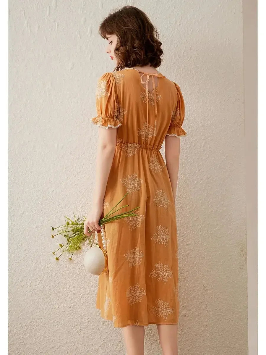 Vestido de cuello redondo, manga corta, bordado, estilo retro, estilo A, informal, largo, a la moda, para mujer
