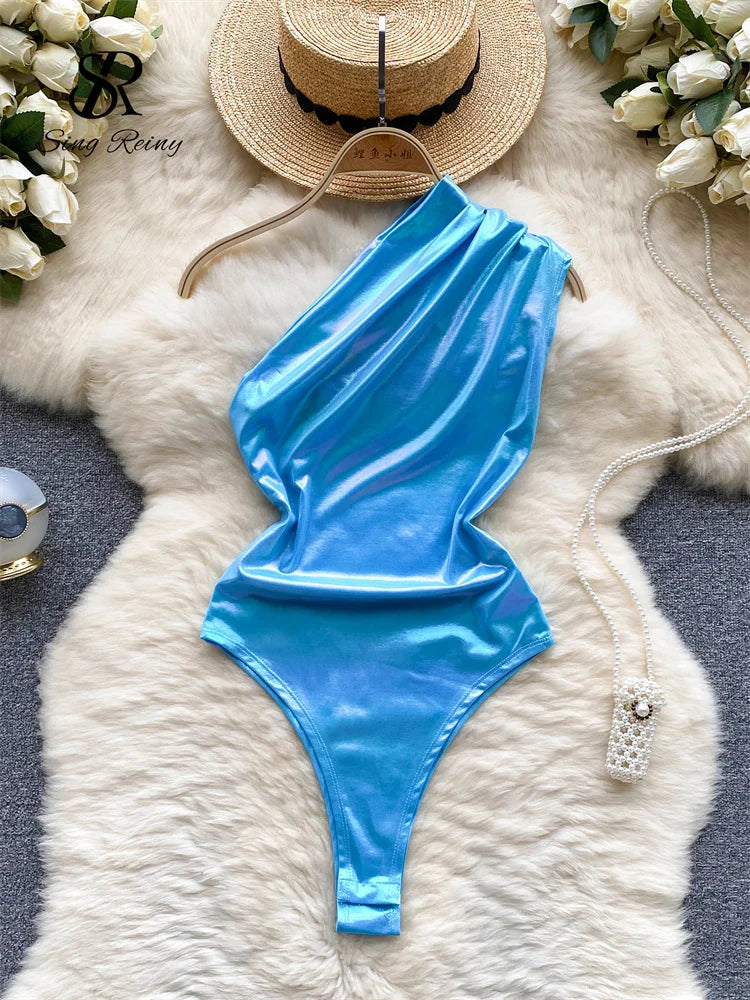 Beach Bikini Playsuits Women One Shoulder Slim Open Crotch Sexy Swimsuits