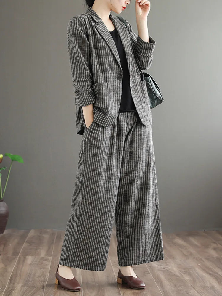 Striped Vintage 2 Piece Set Women Notched Single Button Long Sleeve Blazer High Waist Wide Leg Pants