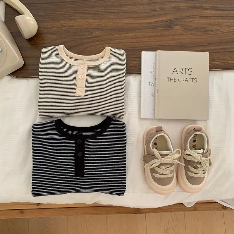 Children's Long Sleeved cotton T-shirt Baby Minimalist Bottom Shirt Striped Top