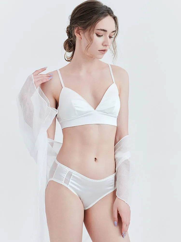 Women Silk Bra Set 92%Silk 8%Spandex Cup Wire Free Underwear Comfortable Intimates Black