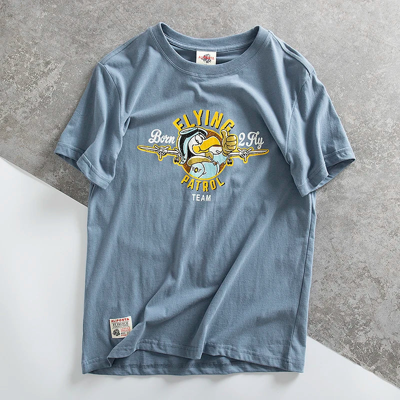 Retro Short-sleeved O-neck Letter Printed T-shirt Men's Fashion Simple 100% Cotton Washed Casual Sport Tops