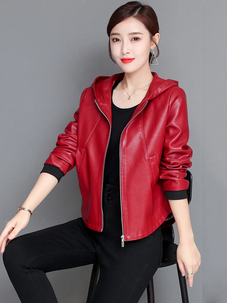 Casual Leather Jacket, Hooded Zipper Split Leather Loose Outerwear Short Sheepskin coat
