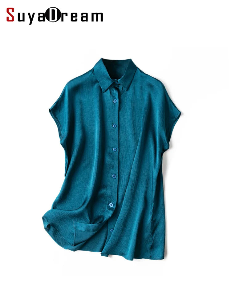 Camisas elegantes para mujer, 100 % seda morera, cuello vuelto, blusa de manga corta tipo murciélago