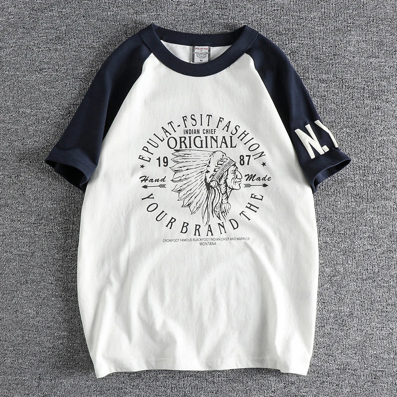 Retro Raglan-sleeved O-neck Letter Printed T-shirt Men's Fashion Simple 100% Cotton Washed Casual Sport Tops