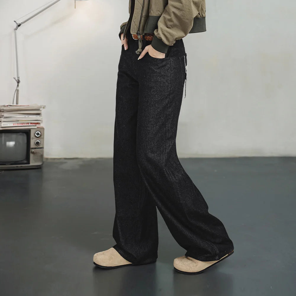 Retro Black Jeans Straight Casual Loose Fit Pants Versatile for Women's Spring and Autumn Zipper Street Wear Trousers