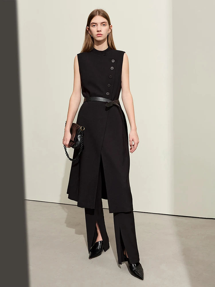 Vests For Women Stand Collar Oblique Placket Long Female Slim Buttons Sleeveless