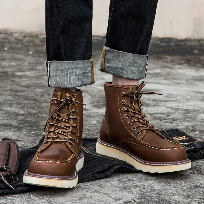 Botas informales británicos vintage para hombre, con o sin felpa para inverno, botines cálidos, hechos a mano para otoño e invierno, botas de moto con punta redonda de cuero de vaca