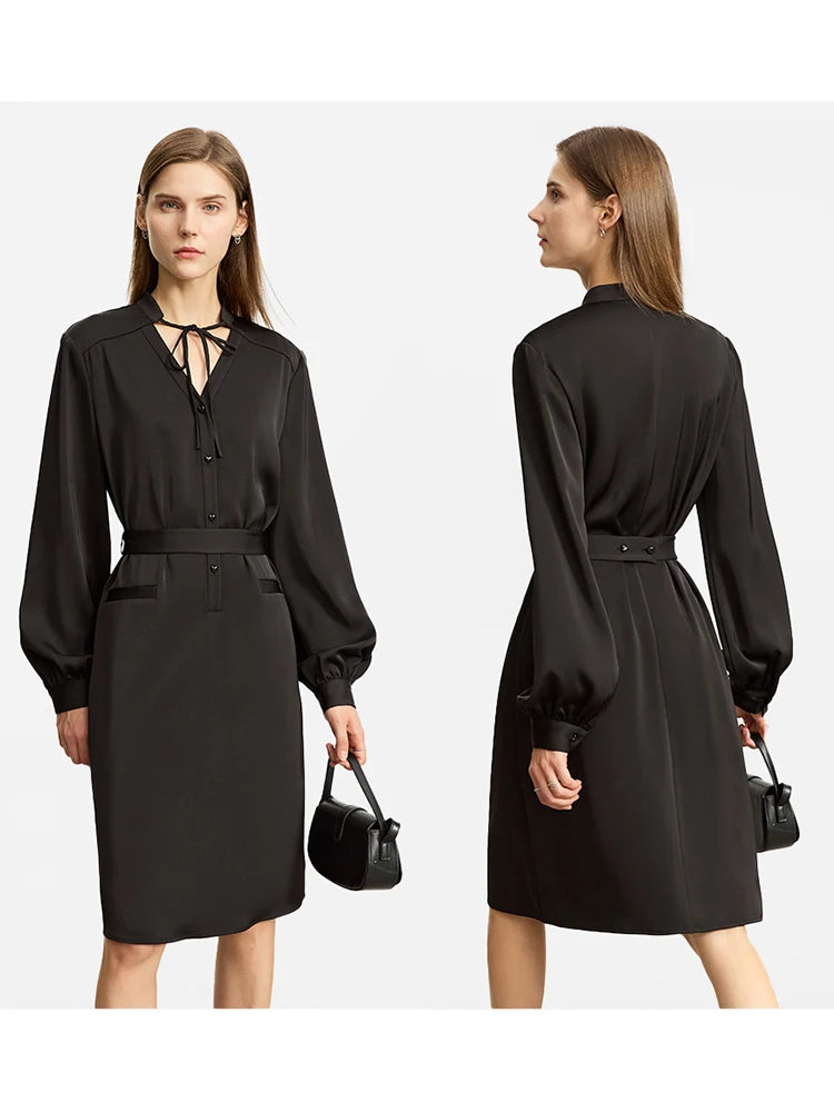 Dresses For Women, Spring New Chinese Stand Collar Strapped Buckle With Belt Lantern Sleeve Dress