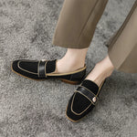 Loafers For Women Block Heels with Metal Buttons, Kid Suede Loafers Square toe Low-heeled Slip on Casual Shallow Work Shoes KilyClothing