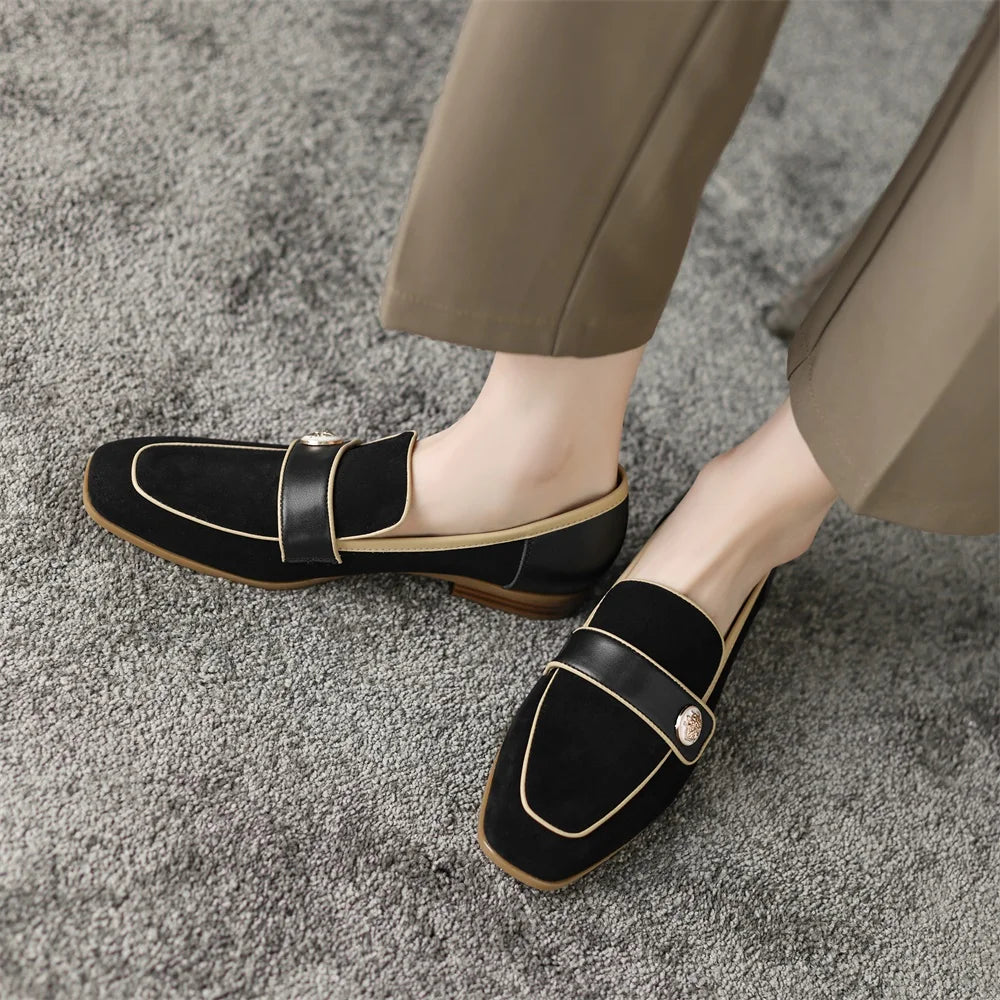 Loafers For Women Block Heels with Metal Buttons, Kid Suede Loafers Square toe Low-heeled Slip on Casual Shallow Work Shoes KilyClothing