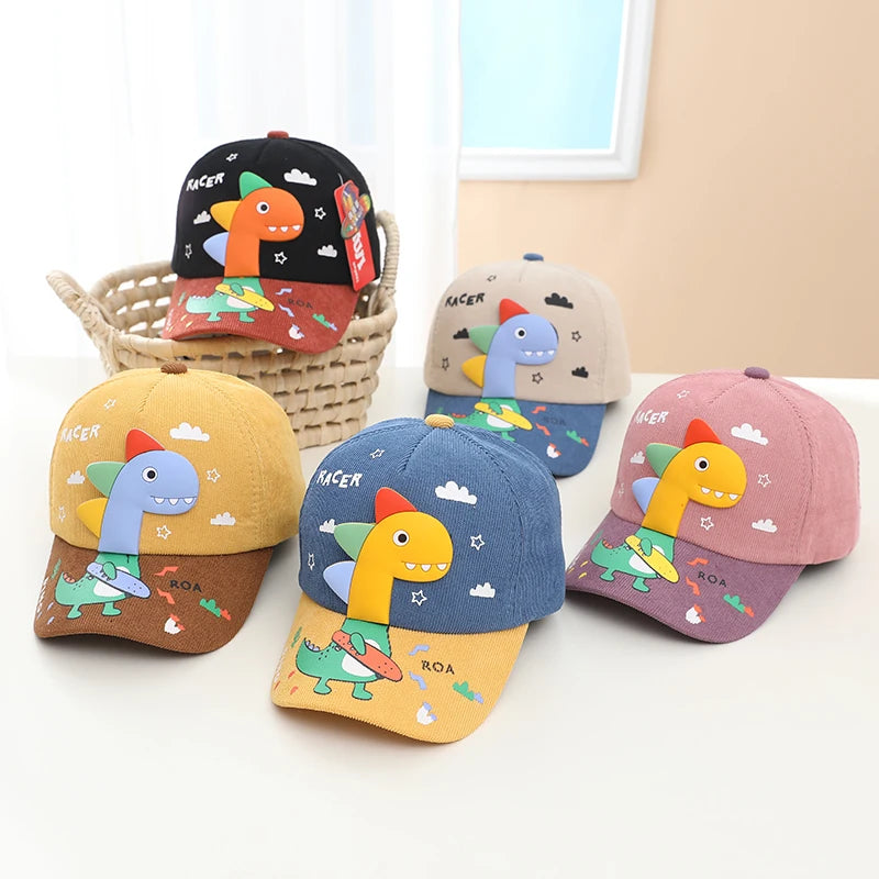 Kids Baseball Cap for Girls and Boy, Cartoon Dinosaur Corduroy Multicoloured Peaked Cap Spring Outdoor Hat