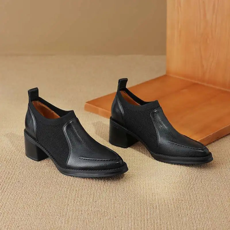 Krazing Pot 2024 Cow Leather Thick Med Heels Spring Knitwear Vintage Design Slip On Round Toe Apricot Color Dating Women Pumps KilyClothing