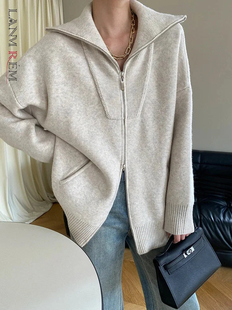 Suéter de punto de lana con doble cremallera para mujer, abrigo holgado minimalista de manga larga con solapa para mujer