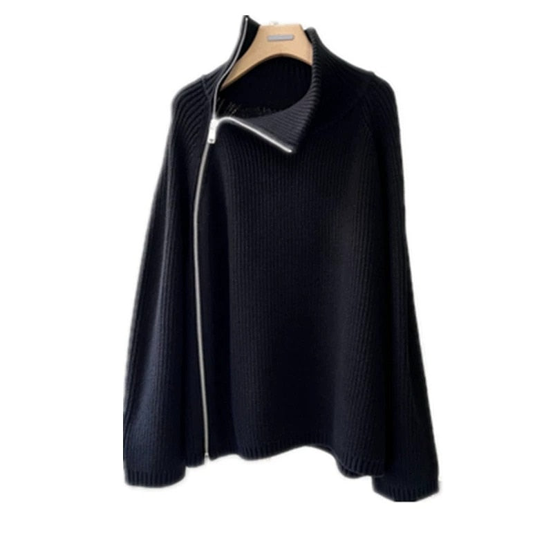 100% pure cashmere cardigan women's high neck mid-long zipper sweater loose knit coat KilyClothing