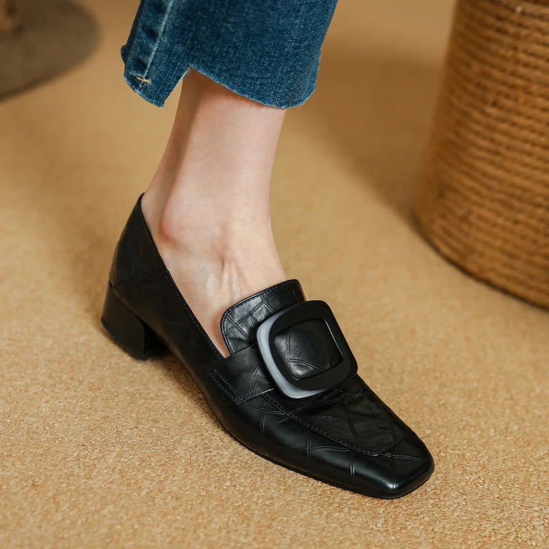 Casual Loafers Real Leather Soft Square Toe High Heels Shoes Spring Office Lady Daily Pumps Shoes