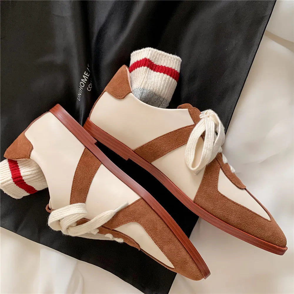 MILI-MIYA Classic Brand Style Women Kid Suede&Cow Leather Splicing Flats Pointed Toe Lace Up Mixed Color Casual Street Shoes KilyClothing
