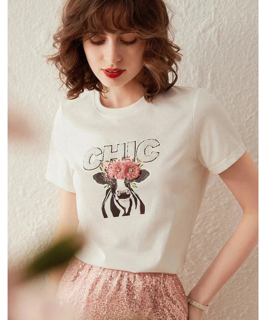 Camiseta de mujer con cuello redondo y manga corta, camiseta informal elegante con cuentas y letras estampadas en 3D para mujer