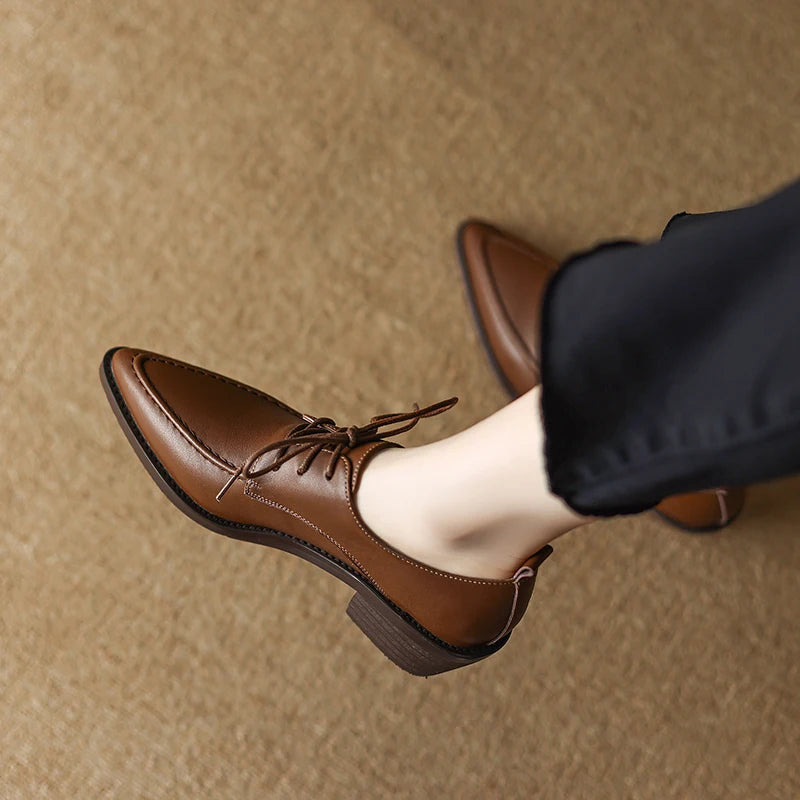 Working Casual Women Pumps Low Heels Comfortable Spring Summer Genuine Leather Lace-Up Shoes Woman Mature Retro Style KilyClothing