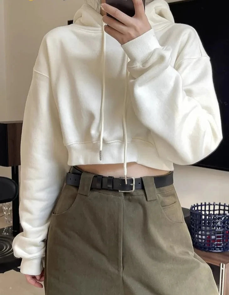 Winter Leisure Sports High Waist Hooded Sweatshirt Women Plush Loose Long Sleeve Midriff-baring Top Thick Hoodies