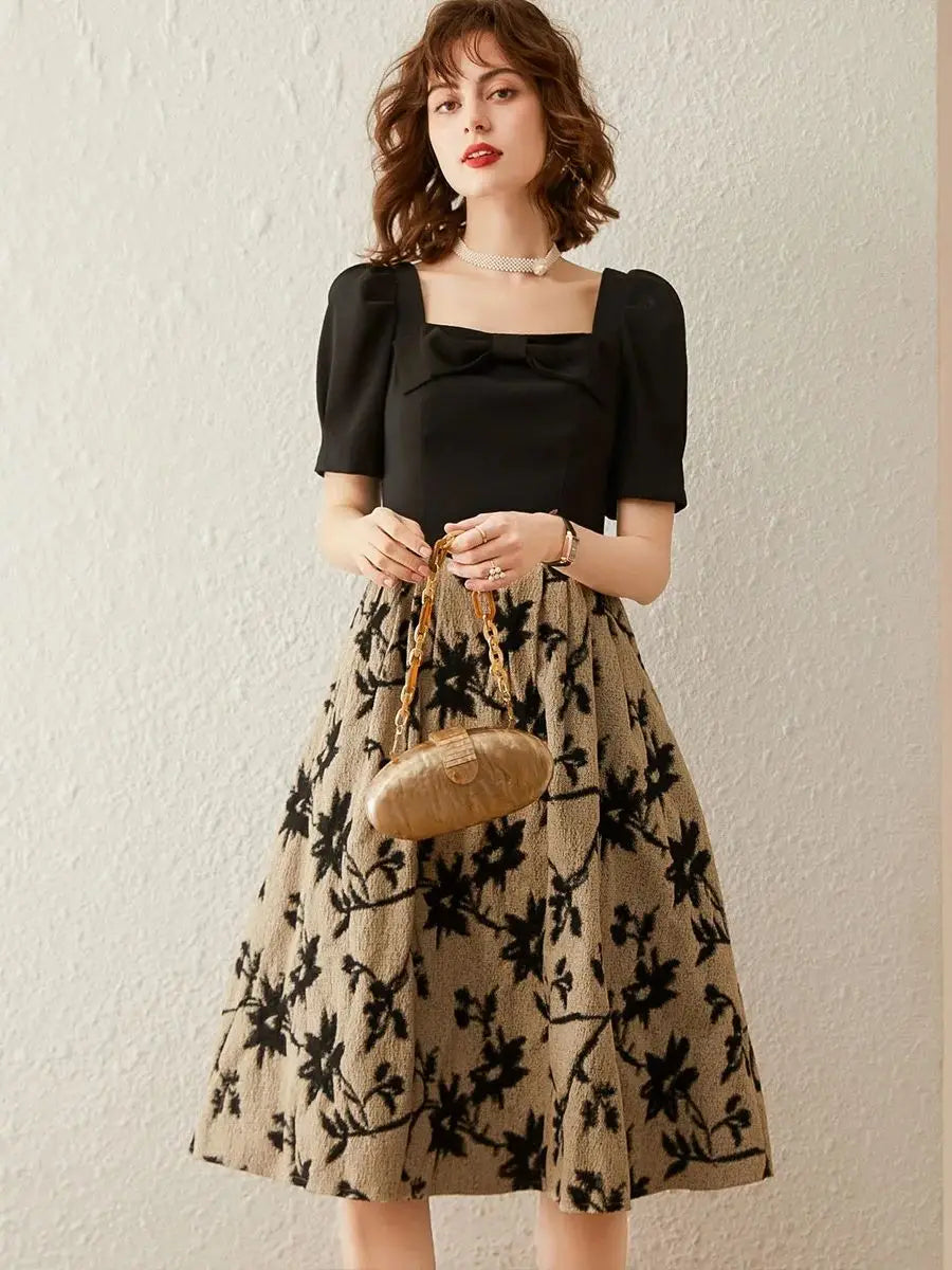 Women Dress Square Neck Short Sleeve Bow Elegant Mid Length High Waist A-line Floral