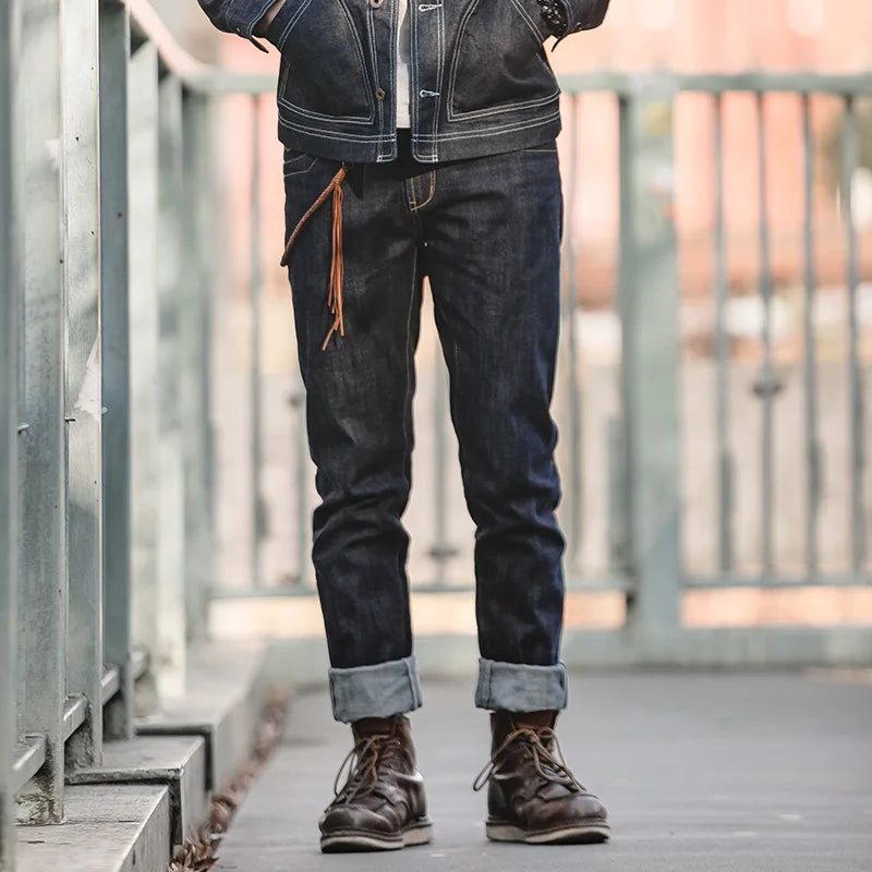 Straight Barrel Denim for men,  Red Ear Original Cow Spring Autumn Amekaji Dark Jeans