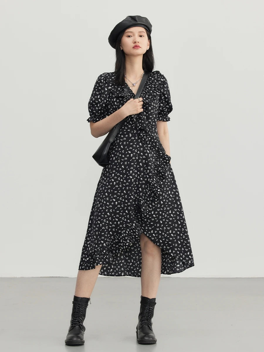 Vestidos de mujer de flores negro con cuello en V y manga abombada con borde con volantes vintage