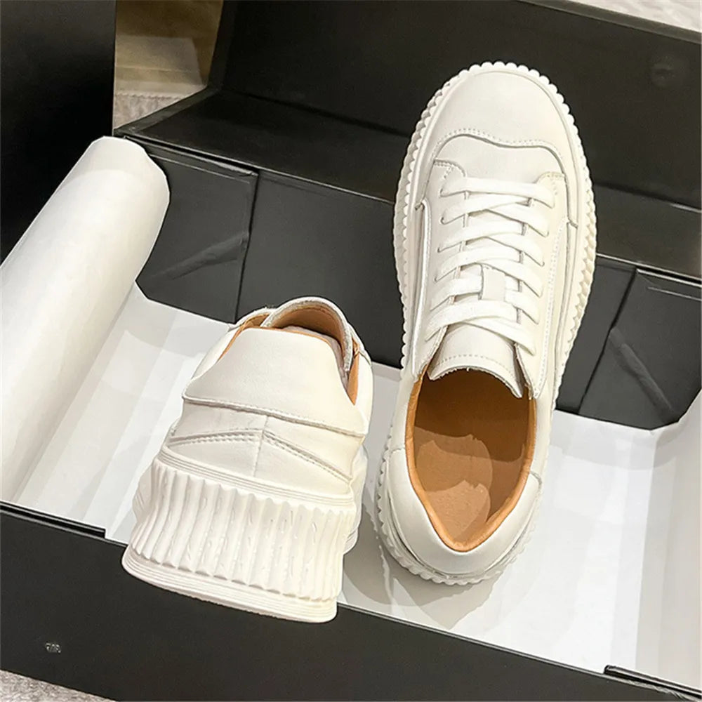 High Platforms Genuine Leather Shoes For Women Round Toe Cross-tied Casual Shoes Woman Sneakers