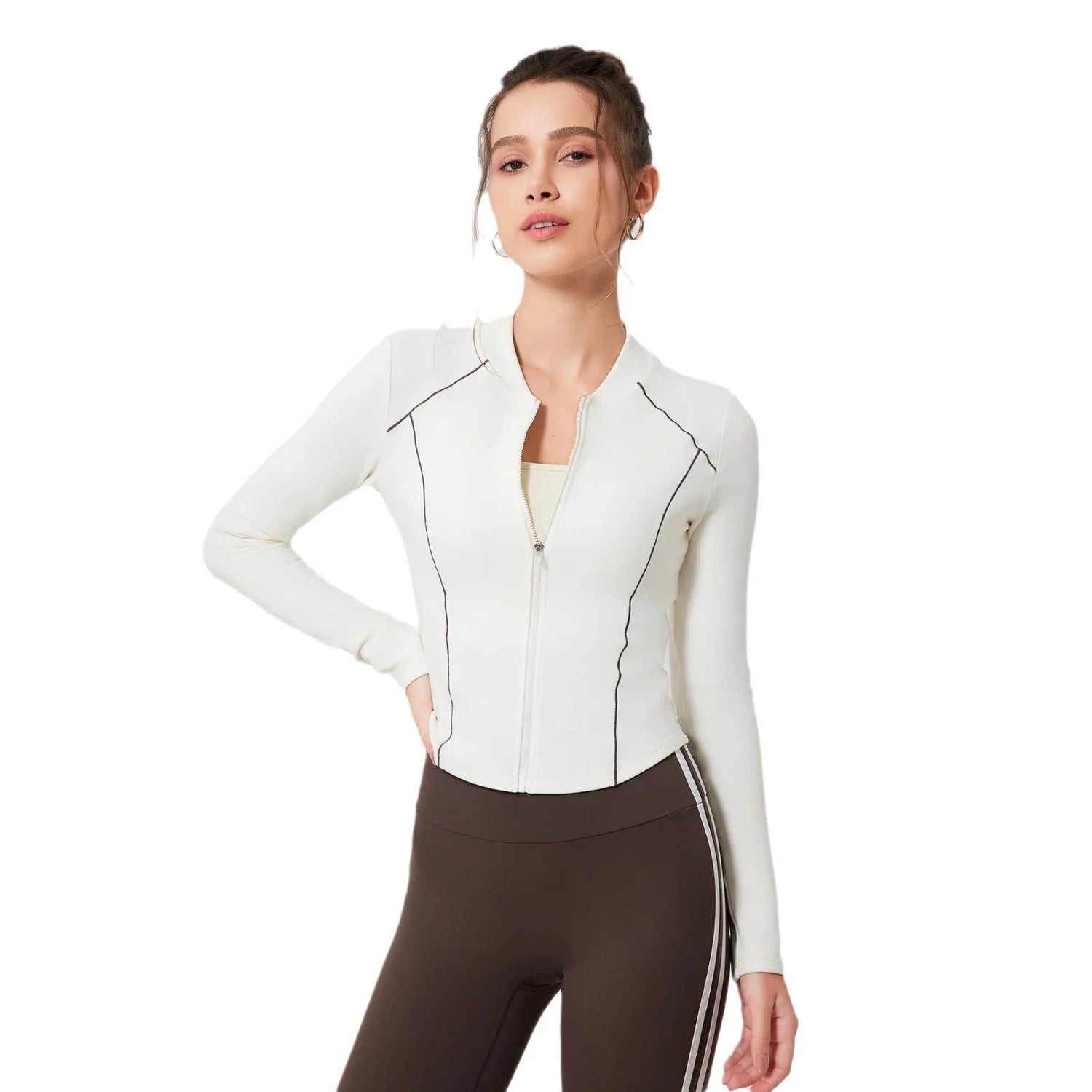 Zipper Sportswear Coat Women's V-Neck Slim-Fit Warm Slimming Running Training Yoga Fitness Long Sleeve Top T