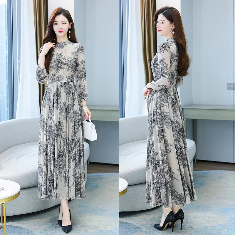 Spring Autumn Women Black Chiffon Maxi Dress Vintage Long Sleeve Party Dress or coctel dress KilyClothing
