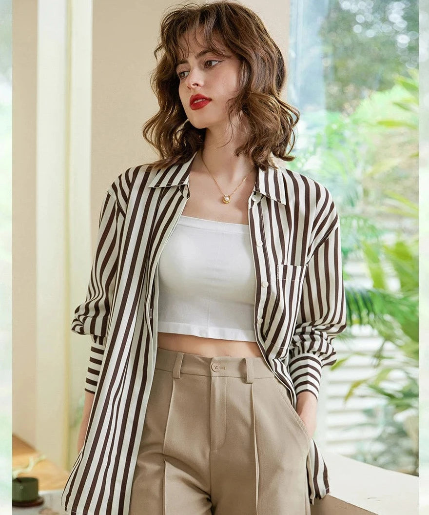Blusa con cuello vuelto para mujer, camisa a rayas de primavera, camisa larga informal de moda holgada