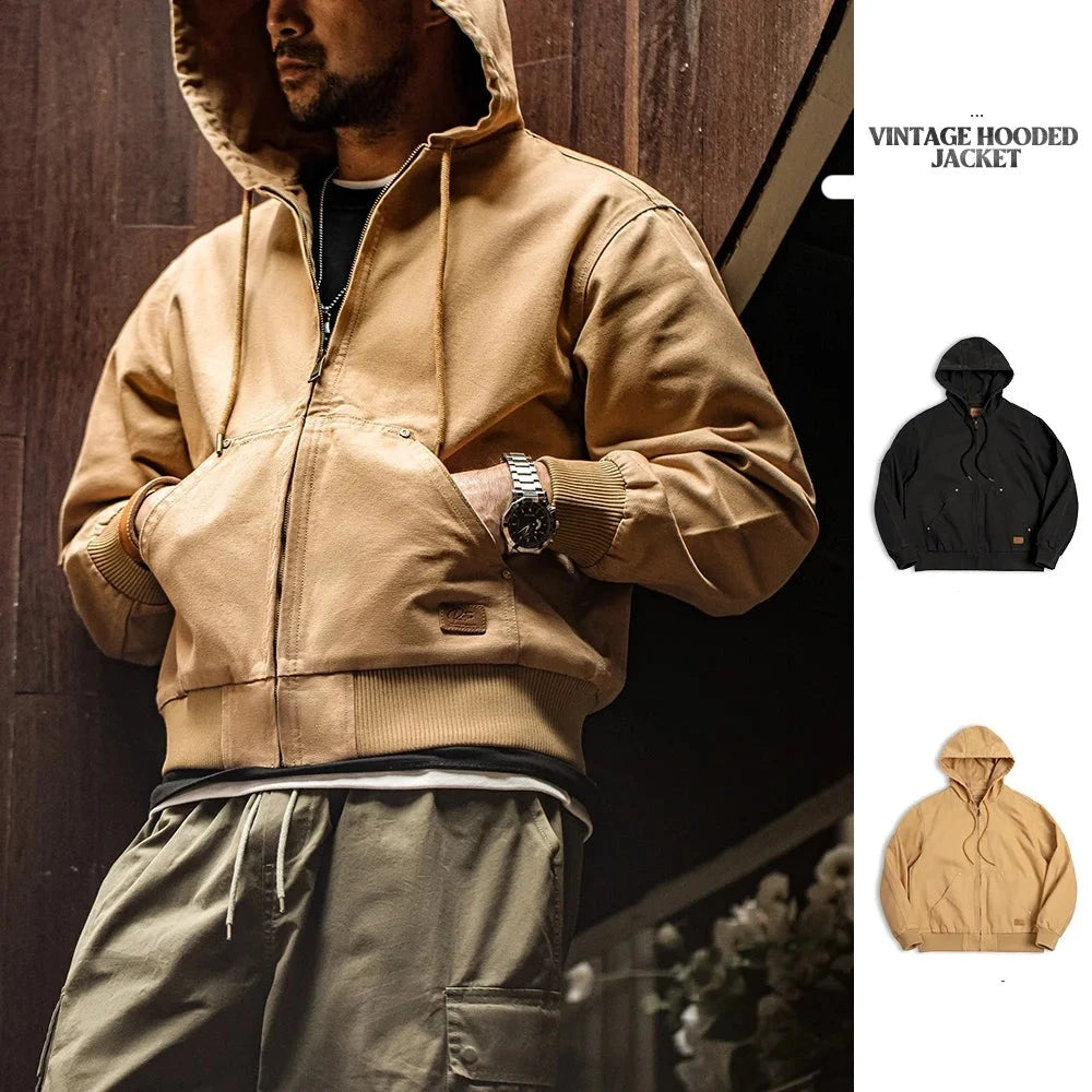 Vintage Heavyweight Hooded for Men, Classic Short Cotton Canvas Jacket Khaki