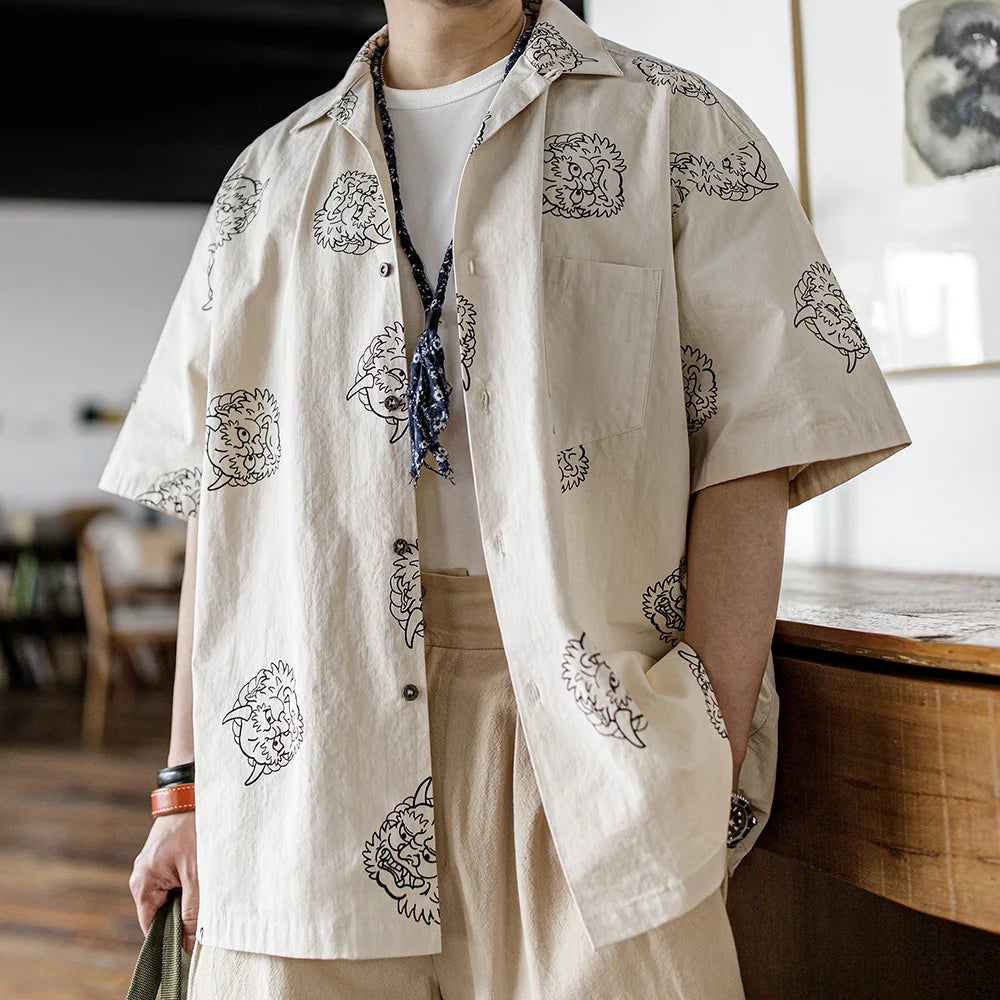 Men's Japanese Vintage Linen Sense Print Shirts 100% Cotton Loose Short Sleeve