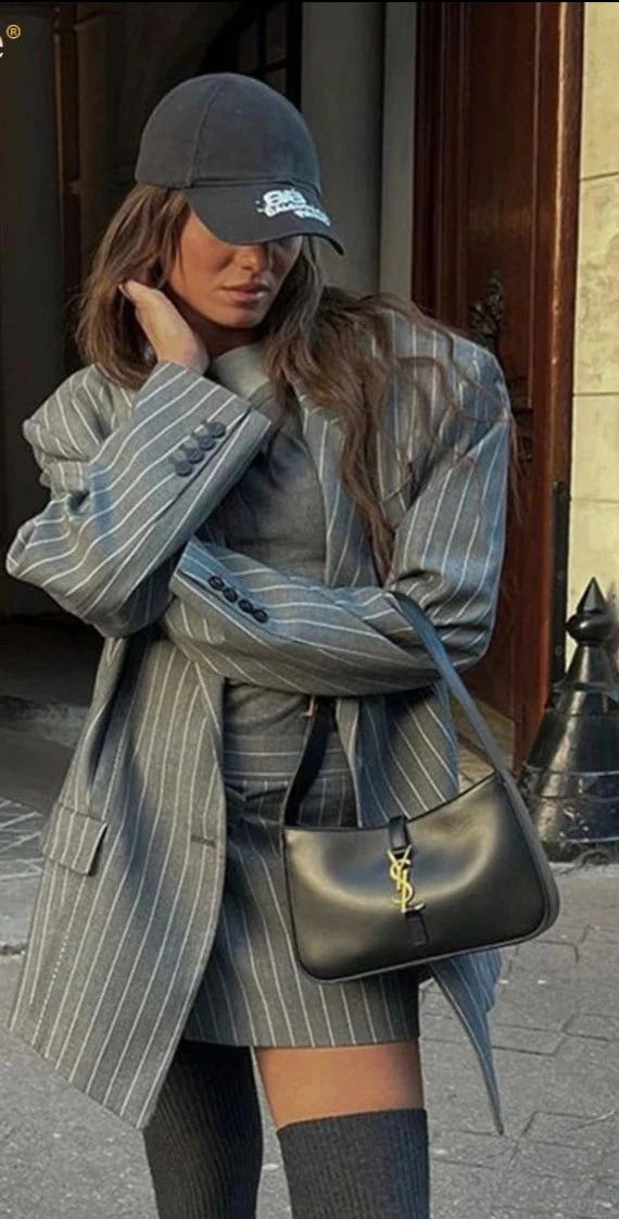 Loose Stripe Print Office 2 Piece Sets Women Outfit Elegant Long Sleeve Blazers With High Waist Mini Skirt Set