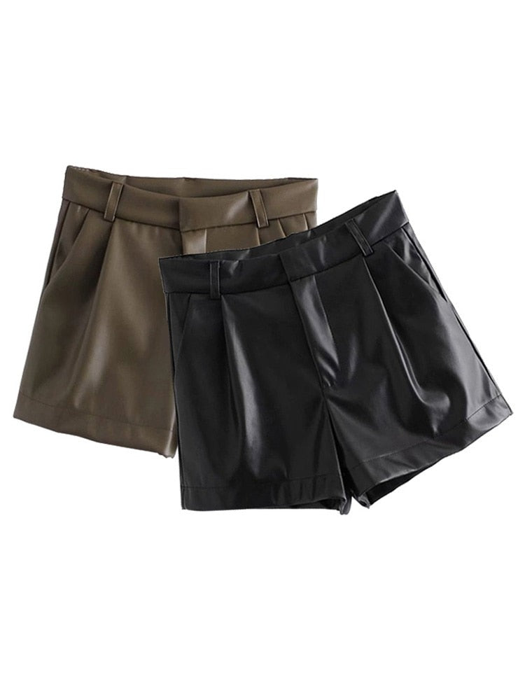 Chic Fashion Side Pockets Faux Leather Shorts Vintage High Waist KilyClothing