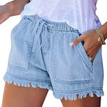 Washed Denim Shorts, Casual Drawstring Elastic Waist Frayed Hem Loose Short Jeans KilyClothing