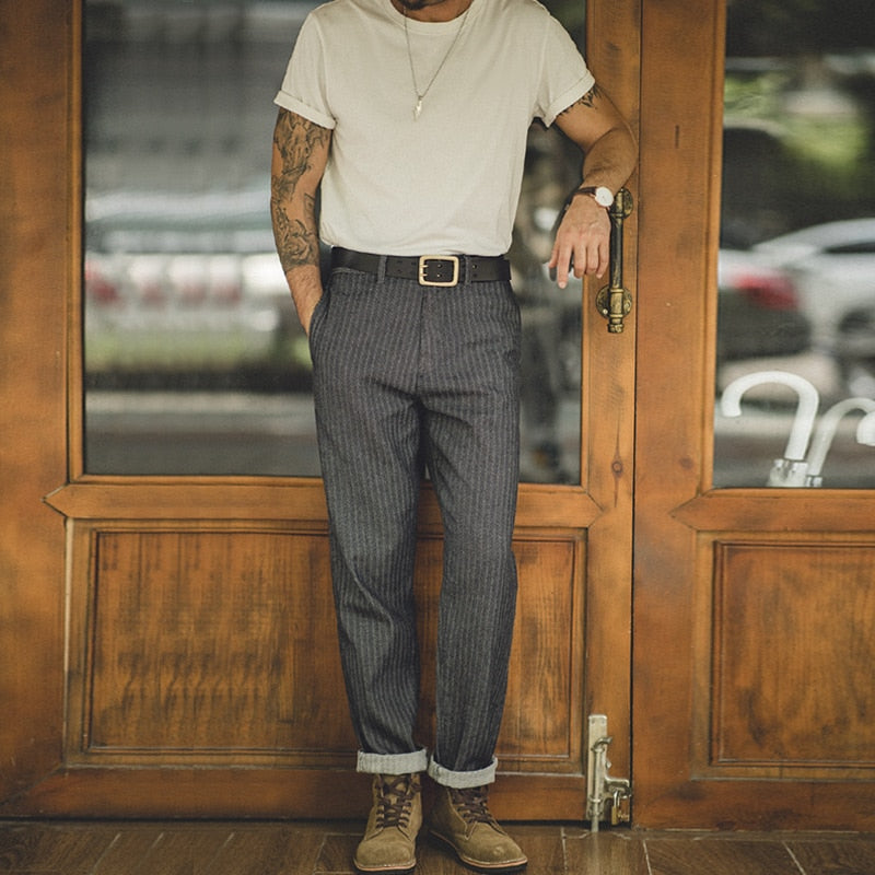 Retro Stripped Denim Jeans Gray Color Slim Fit Straight Pants Vintage KilyClothing
