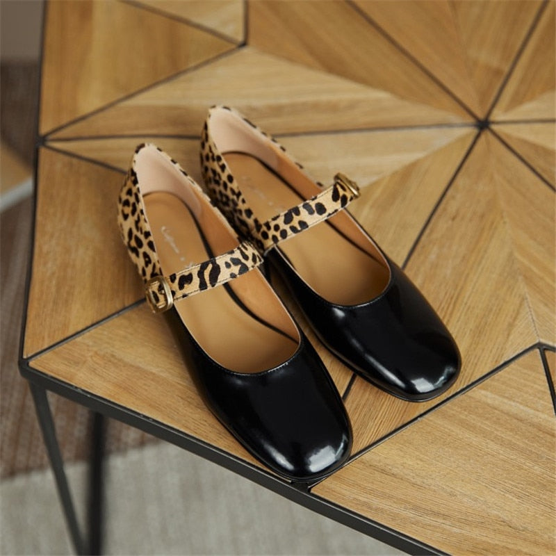 Low-heel Leather Round Toe Splicing Leopard Print One-line Buckle Women Shoes KilyClothing